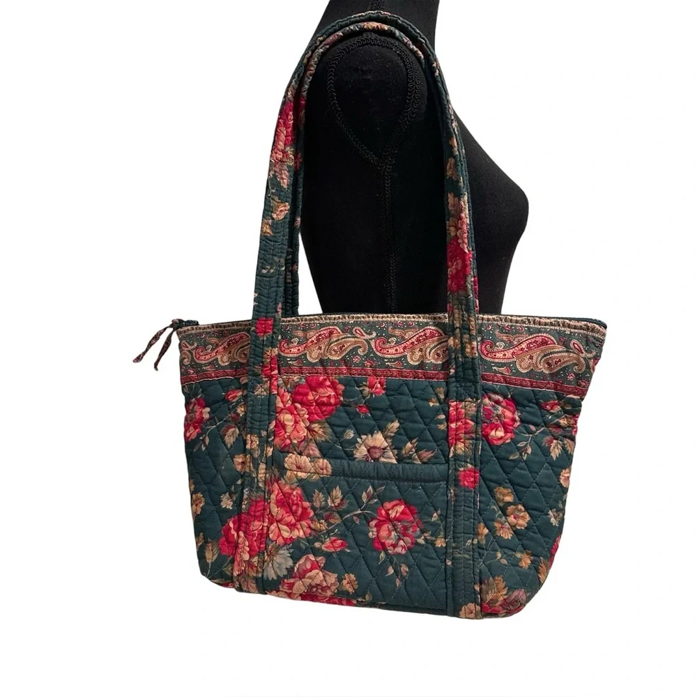 80s Vintage Vera Bradley Greenbriar Red Roses Quilted Floral Tote Shoulder Bag